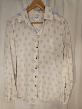 Pure Linen White Polka Dot Button-Down Blouse